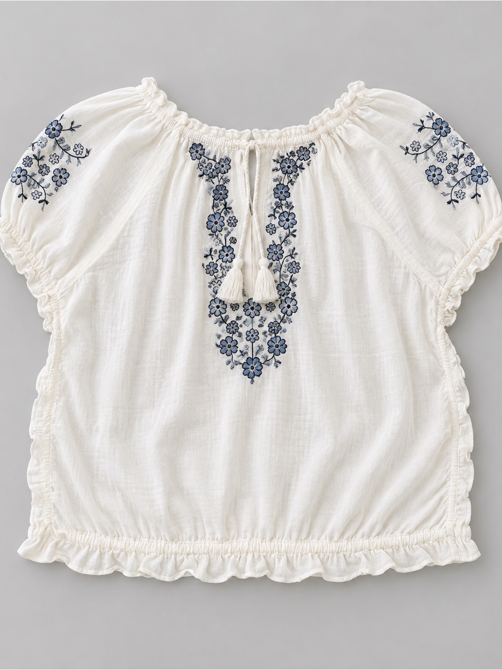 Lucky Brand XXL White Blue Floral Embroidered Peasant Blouse Boho Tassel